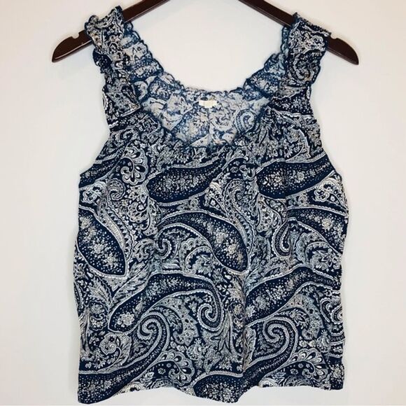 J.Crew Smocked Top Antique Paisley Cropped Tank Trip Coastline Blue White Small - Picture 2 of 11